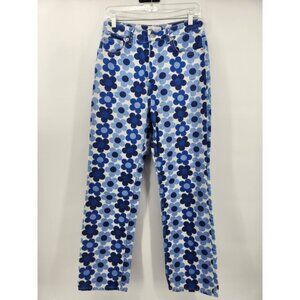 Zara Women's Blue Floral Print High Waist Button Fly Denim Jeans Size‎ 6